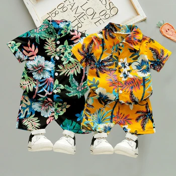 Erkek bebek Giysileri 0-5Y Yaz Yeni Plaj Moda Çocuk Takım Elbise Erkek Giyim Baskılı Gömlek Kısa Kollu Şort Erkek İki Adet