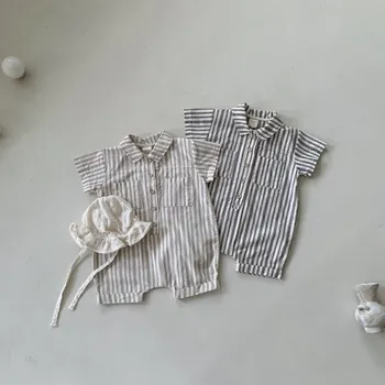 Erkek bebek Giysileri Romper Rahat Kore 2023 Çizgili İlkbahar ve Yaz Moda Pamuk Cepler Tek Göğüslü Kısa Kollu