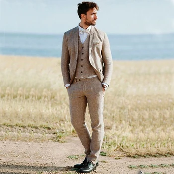 Erkekler için yeni Zarif Takım Elbise Düğün Groomsmen 3 Parça Bej Çentikli Yaka Slim Fit Tam Erkek Takım Elbise Ceket + Yelek + Pantolon