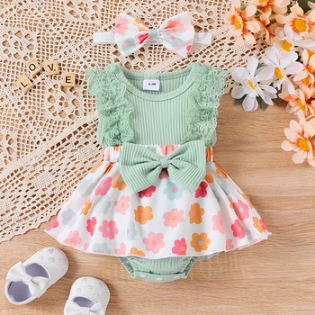 FOCUSNORM 0-12M Yenidoğan Bebek Kız Sevimli Romper Elbise Kolsuz Dantel Çiçek Baskı Patchwork Tulumlar İlmek ile Kafa Bandı