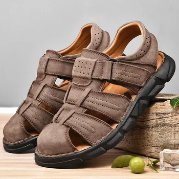 Hakiki Deri rahat ayakkabılar Erkekler için Yaz Açık kaymaz Seyahat yürüyüş ayakkabıları Anti-çarpışma Ayak Erkekler Sandalet Hafif ve Yumuşak