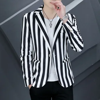 HOO 2023 erkek Sonbahar Çizgili Takım Elbise Ceket Gençlik İnce Kore Yakışıklı Dikiş Kişiselleştirilmiş blazer