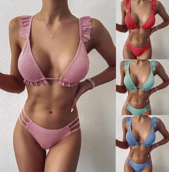 Iki Parçalı Bandaj Fırfır Bikini Setleri Bayan Mayo 2 ADET Moda Seksi Düz Renk Ruffled Bölünmüş Mayo Göğüs Pedi ile