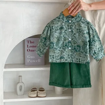 Ins 2023 Sonbahar Bebek Kız 2 adet Giysi Set Pamuk Çiçek Standı Yaka Gömlek Yeşil Geniş Bacak Pantolon Takım Elbise Yürümeye Başlayan Kızlar Kıyafetler