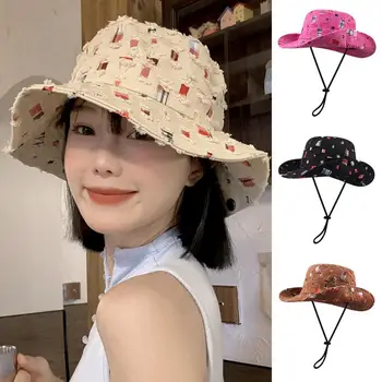 Kadın Cowgirl Şapka Yırtık Yama Vintage Şık Rüzgar Geçirmez Şapkalar Şapka Sabit Kayış Kıvrılmış Kenar Nefes Dağcılık Kap