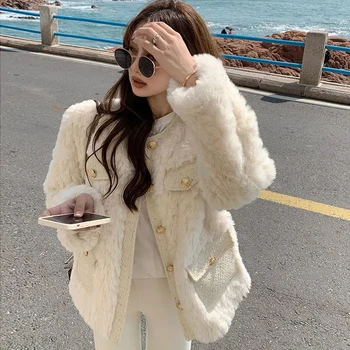 Kore Moda Kuzu yün paltolar Kadın Streetwear O-boyun Taklit Kürk Ceketler Kadın 2023 Sonbahar Kış Kalın Sıcak Peluş Ceket