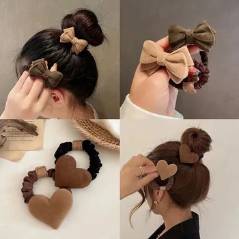 Moda lastik bantlar Scrunchie Saç Halat Yüksek Elastik Hairband Kadın Peluş Yay Kalp Şeklinde At Kuyruğu Bantlar saç aksesuarları