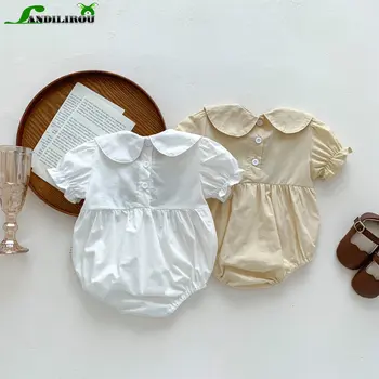 Pamuk Yaz Yenidoğan Bebek Kız Kısa Kollu Nakış Çiçek Peter Pan Yaka Dış Giyim Bebek Çocuk Tulumlar Toddler Bodysuit