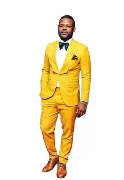 Sarı Şal Yaka Erkek Takım Elbise Rahat Balo Blazer Kostüm Homme Evlilik Damat Düğün toplulukları homme 2 Adet (ceket + Pantolon)