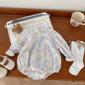 Sevimli Yenidoğan Bebek Kız Romper 0-2Years Prenses Uzun Kollu O-Boyun Karikatür Tavşan Baskı pamuk bebek tulumu Kıyafetler Sonbahar Giysileri