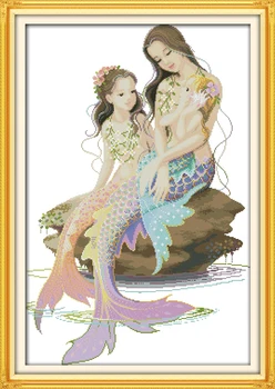 Sevinç Pazar Önceden basılmış Çapraz Dikiş Kiti Kolay Desen Aida Damgalı Kumaş Nakış Seti-Küçük Denizkızı ve Annesi