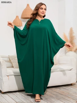 Siskakia Gevşek Rahat Artı Boyutu Elbise Kadın Zarif Batwing Kollu Orta Doğu Dubai Türkiye Arap Bornoz Siyahımsı Yeşil