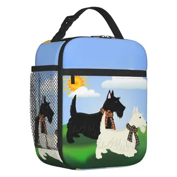 Siyah Beyaz Scottie Köpek Yalıtımlı Öğle Yemeği Çantası Kadınlar için Yeniden Kullanılabilir İskoç Terrier Termal Soğutucu yemek taşıma çantası Çocuklar Okul Çocukları