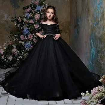 Siyah dörtte Üçü Kollu Çiçek Kız Elbise Düğün İçin Kristal Kanat Boncuklu Dantel Aplikler Pageant Törenlerinde Çocuklar İçin Resmi