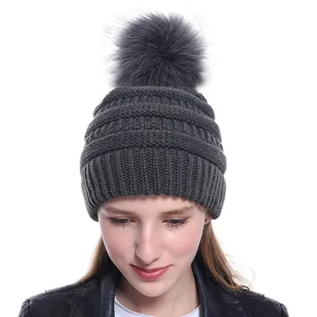 Sonbahar Kış Yeni Faux Fox Kürk ponponlu bere Şapka Kadınlar için Örme Şapka
