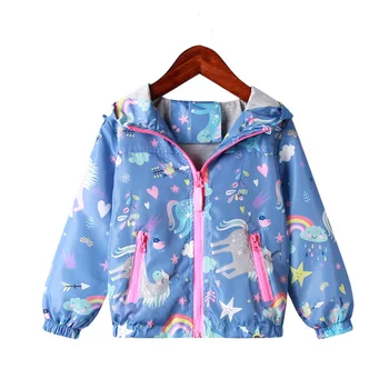 Sonbahar Yeni Bahar Ceket Kız Mont Kapşonlu Unicorn Gökkuşağı Desen Bebek Kız Giysileri Giyim Çocuk Rüzgarlık Kız Ceketler