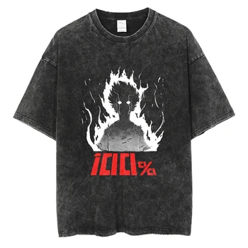 Streetwear Tshirt japon animesi Mob Psiko 100 Grafik Vintage Yıkanmış Siyah T Shirt Erkek pamuklu tişört Hip Hop Gevşek Tees Tops
