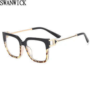 Swanwıck büyük çerçeve gözlük anti mavi ışık yarım metal şeffaf lens moda kare TR90 Avrupa tarzı siyah leopar