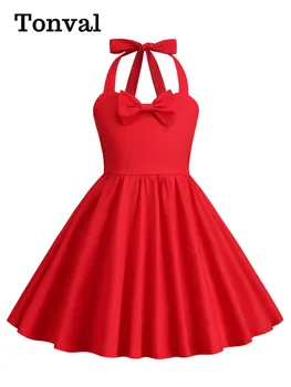 Tonval Retro Kız Prenses Elbise Sevimli Yay Ön Haler Boyun Backless Parti Kıyafetleri Kırmızı Katı Pamuk Çocuklar Elbiseler