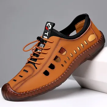 Yaz Erkek Deri rahat ayakkabılar Yumuşak Alt El Yapımı Dikiş Hollow Spor Sandalet Adam Nefes Açık Çalışma Oxfords Sneakers