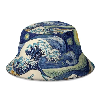 Yaz Unisex Moda Kova Şapka Büyük Dalga Kapalı Kanagawa Kadın Erkek Balıkçılık Şapka Sonbahar Plaj Panama Bob