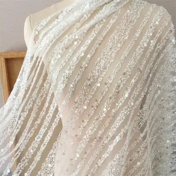 Yeni Dikey Şerit Şeffaf Pullu Dantel Kumaş Yüksek Çözünürlüklü düğün elbisesi Dikey Şerit Kumaş ipek kumaş