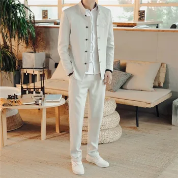 Yeni erkek İş Rahat Çin Vintage Stil Erkekler Düğün Nakış Elbise Giyim Blazers ve İpli Pantolon