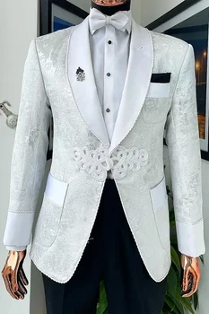 Zarif 2 Adet Özel Blazer Pantolon Erkek Takım Elbise Bir Çin Düğme Saten Geniş Yaka Resmi Düğün Ev Sahibi Artı Boyutu Özel