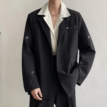 Şık Yeni Metal Düğme Erkekler Blazer Yaka Uzun Kollu Parti Streetwear Moda Rahat Takım Elbise Erkekler 2023 Kore Takım Elbise Ceket Mont